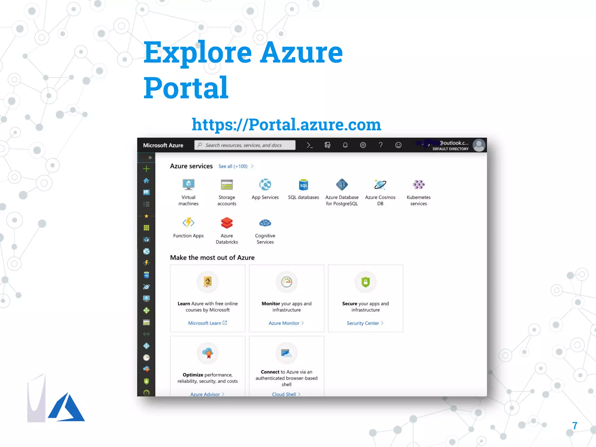 7
Explore Azure
Portal
https://Portal.azure.com
 