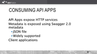 CONSUMING API APPS
API Apps expose HTTP services
Metadata is exposed using Swagger 2.0
metadata
 JSON file
 Widely supported
Client applications
29
 