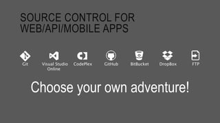 SOURCE CONTROL FOR
WEB/API/MOBILE APPS
GitHubVisual Studio
Online
Git BitBucketCodePlex DropBox FTP
Choose your own adventure!
 