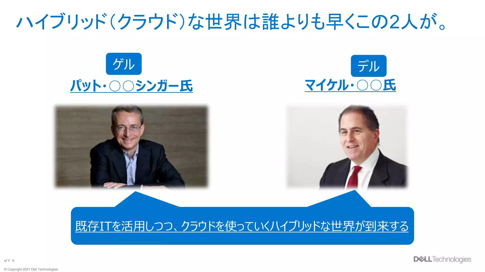 © Copyright 2021 Dell Technologies
6
of Y
ハイブリッド（クラウド）な世界は誰よりも早くこの2人が。
マイケル・○○氏
パット・○○シンガー氏
既存ITを活用しつつ、クラウドを使っていくハイブリッドな世界が到来する
ゲル デル
 