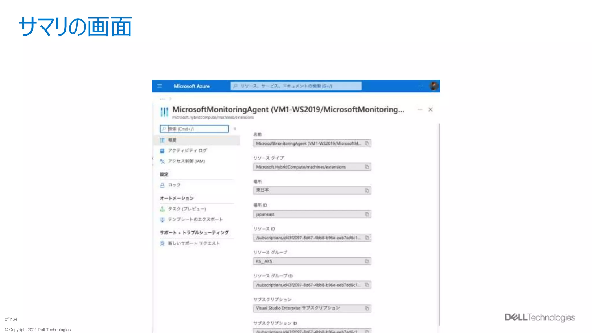 © Copyright 2021 Dell Technologies
64
of Y
サマリの画面
 