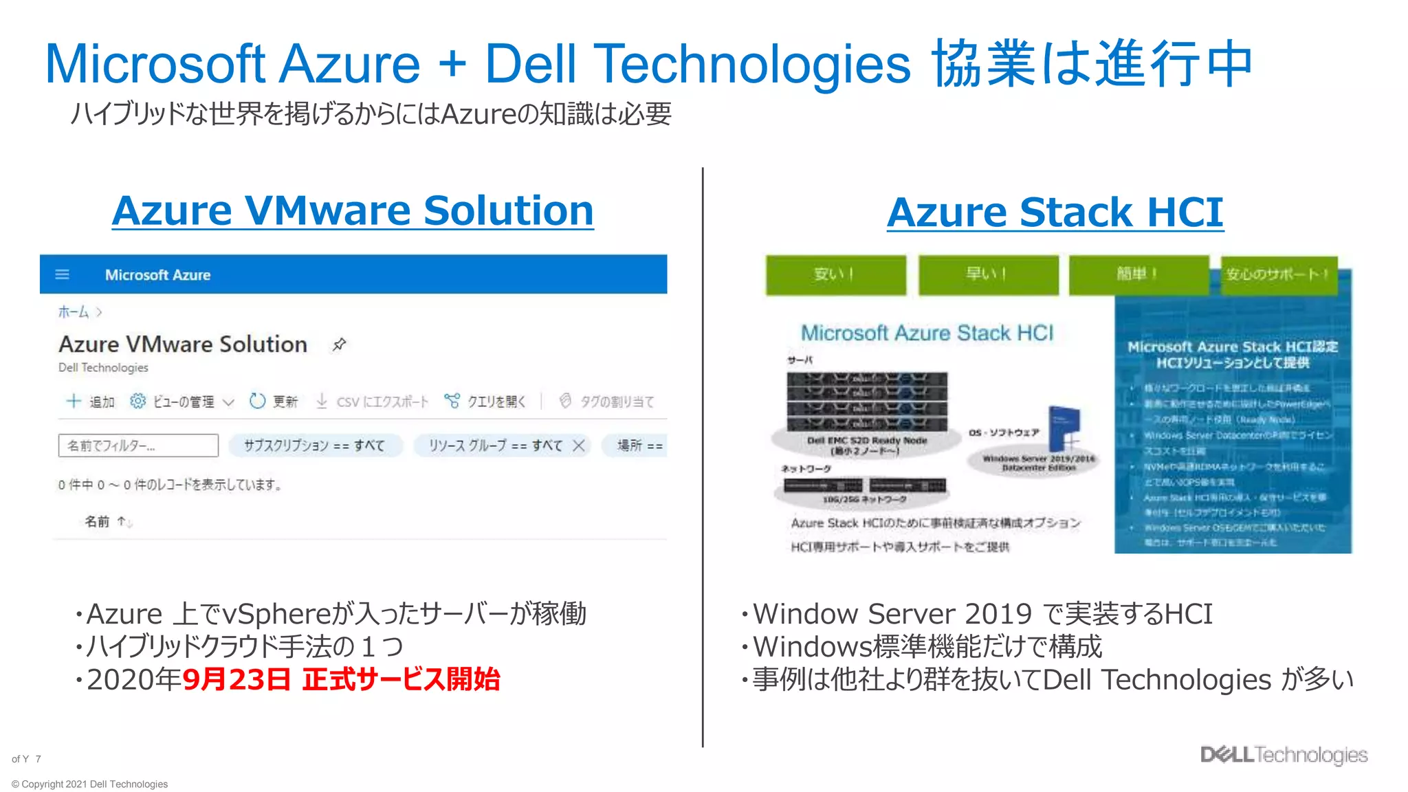 © Copyright 2021 Dell Technologies
7
of Y
Microsoft Azure + Dell Technologies 協業は進行中
ハイブリッドな世界を掲げるからにはAzureの知識は必要
Azure VMware Solution Azure Stack HCI
・Azure 上でvSphereが入ったサーバーが稼働
・ハイブリッドクラウド手法の１つ
・2020年9月23日 正式サービス開始
・Window Server 2019 で実装するHCI
・Windows標準機能だけで構成
・事例は他社より群を抜いてDell Technologies が多い
 
