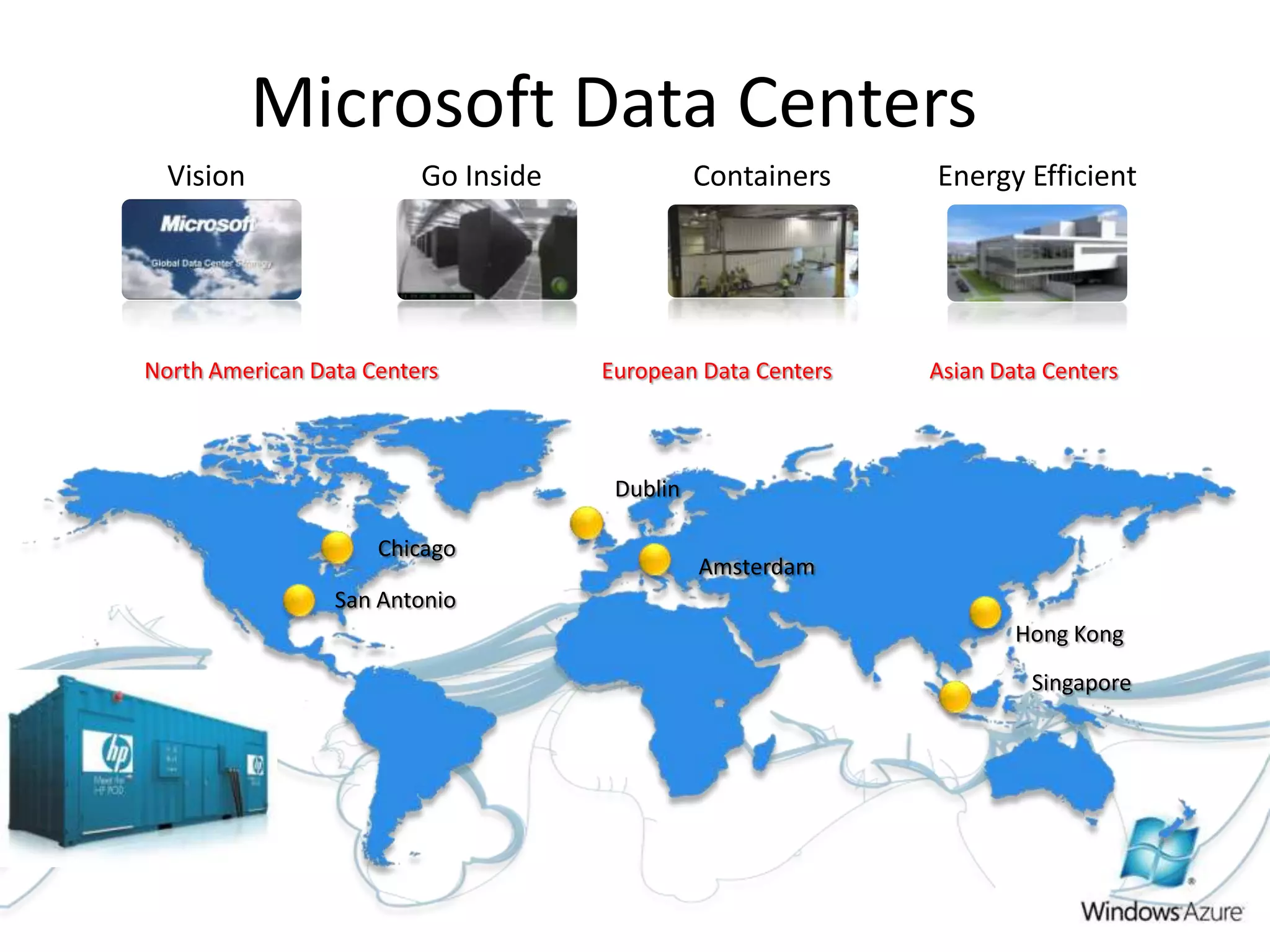Microsoft Data CentersVisionGo InsideEnergy EfficientContainersNorth American Data CentersEuropean Data CentersAsian Data CentersDublinChicagoAmsterdamSan AntonioHong KongSingapore