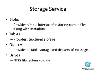 Storage ServiceBlobs Provides simple interface for storing named files along with metadataTablesProvides structured storageQueuesProvides reliable storage and delivery of messagesDrivesNTFS file system volume