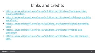 28CONFIDENTIAL
• https://azure.microsoft.com/en-us/solutions/architecture/backup-archive-
cloud-application/
• https://azure.microsoft.com/en-us/solutions/architecture/mobile-app-mobile-
workforce/
• https://azure.microsoft.com/en-us/solutions/architecture/digital-marketing-
smb/
• https://azure.microsoft.com/en-us/solutions/architecture/mobile-app-
consumer/
• https://azure.microsoft.com/en-us/solutions/architecture/hpc-big-compute-
saas/
Links and credits
 