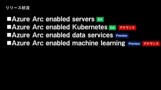 リリース状況
Azure Arc enabled servers
Azure Arc enabled Kubernetes
Azure Arc enabled data services
Azure Arc enabled machine learning
GA
GA
Preview
Preview
アナウンス
アナウンス
 