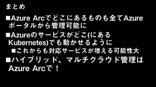 まとめ
Azure Arcでどこにあるものも全てAzure
ポータルから管理可能に
Azureのサービスがどこ(にある
Kubernetes)でも動かせるように
これからも対応サービスが増える可能性大
ハイブリッド、マルチクラウド管理は
Azure Arcで！
 