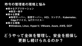 昨今の管理者の環境と悩み
様々なアプリケーション
数百～数千
様々な要素
物理サーバー、仮想サーバー、HCI、コンテナ、Kubernetes、
Edgeデバイス、IoTデバイス…
様々な環境
Windows, Linux, Hyper-V, VMware, Azure, AWS, GCP
どうやって全体を管理し、安全を担保し
更新し続けられるのか？
 