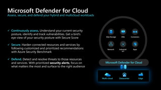 Microsoft Defender for Cloud
Microsoft Defender for Cloud
SQL/Storage VMs Containers
Network Industrial
IoT
Apps
Multi-cloud Datacenter Edge
✓ Continuously assess. Understand your current security
posture, identify and track vulnerabilities. Get a bird’s
eye-view of your security posture with Secure Score
✓ Secure. Harden connected resources and services by
following customized and prioritized recommendations
with Azure Security Benchmark
✓ Defend. Detect and resolve threats to those resources
and services. With prioritized security alerts, focus on
what matters the most and surface to the right audience
Assess, secure, and defend your hybrid and multicloud workloads
 