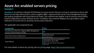 Azure Arc enabled servers pricing
Example 2
Scenario 2: A customer onboards 50 Windows (or Linux) servers that are running on-premises to Azure with
Azure Arc and tags these servers in Azure, applies RBAC, organizes these servers into management groups
and queries properties with Azure Resource Graph. The customer also applies a set of common Azure Policy
Guest Configurations across all these servers. In addition, the customer deploys the Log Analytics agent
extension to monitor the on-premises servers (Azure Monitor).
The applicable cost components are:
Component Cost
Connectivity to Azure Arc, Tagging, RBAC, Management
Groups and Azure Resource Graph
Azure Policy Guest Configurations
(Unlimited policies)
Azure Monitor
Same Azure Monitor pricing that is
applicable to Azure VMs
(Refer to the Azure Monitor Pricing page to
learn more)
For more details on Azure Arc pricing visit our pricing page: https://aka.ms/azurearcpricing
 
