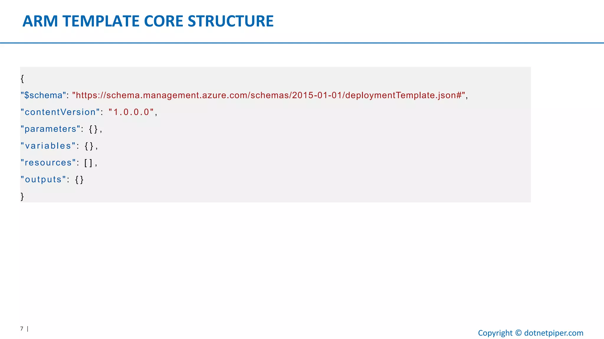 7 |
Copyright © dotnetpiper.com
ARM TEMPLATE CORE STRUCTURE
{
"$schema": "https://schema.management.azure.com/schemas/2015-01-01/deploymentTemplate.json#",
"contentVersion": " 1 . 0 . 0 . 0 " ,
"parameters": { } ,
"variables" : { } ,
"resources": [ ] ,
"outputs": { }
}
 