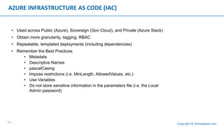 12 |
Copyright © dotnetpiper.com
AZURE INFRASTRUCTURE AS CODE (IAC)
• Used across Public (Azure), Sovereign (Gov Cloud), and Private (Azure Stack)
• Obtain more granularity, tagging, RBAC
• Repeatable, templated deployments (including dependencies)
• Remember the Best Practices
• Metadata
• Descriptive Names
• pascalCasing
• Impose restrictions (i.e. MinLength, AllowedValues, etc.)
• Use Variables
• Do not store sensitive information in the parameters file (i.e. the Local
Admin password)
 