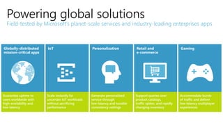 Powering global solutions
Field-tested by Microsoft’s planet-scale services and industry-leading enterprises apps
Globally-distributed
mission-critical apps
IoT
Accommodate bursts
of traffic and deliver
low-latency multiplayer
experiences
Personalization Retail and
e-commerce
Gaming
Guarantee uptime to
users worldwide with
high-availability and
low-latency
Scale instantly for
uncertain IoT workloads
without sacrificing
performance
Generate personalized
service through
low-latency and tunable
consistency settings
Support queries over
product catalogs,
traffic spikes, and rapidly
changing inventory
 