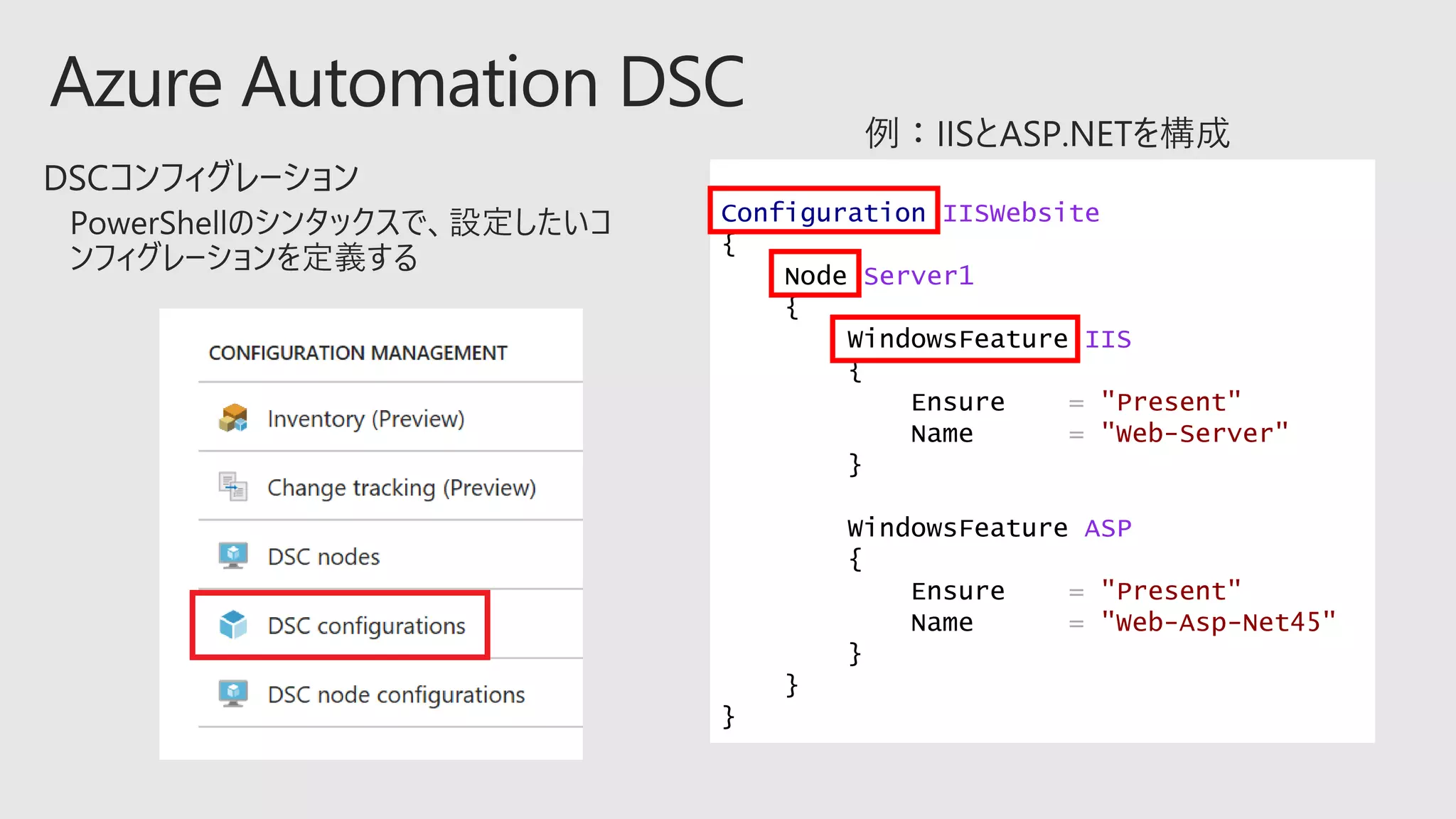 Configuration IISWebsite
{
Node Server1
{
WindowsFeature IIS
{
Ensure = "Present"
Name = "Web-Server"
}
WindowsFeature ASP
{
Ensure = "Present"
Name = "Web-Asp-Net45"
}
}
}
 