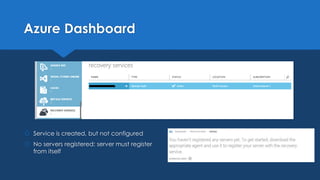 Azure Dashboard
 Service is created, but not configured
 No servers registered: server must register
from itself
 