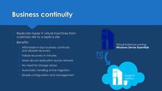 Business continuity
 Replicate Hyper-V virtual machines from
a primary site to a replica site
 Benefits:
 Affordable in-box business continuity
and disaster recovery
 Failure recovery in minutes
 More secure replication across network
 No need for storage arrays
 Automatic handling of live migration
 Simple configuration and management
Virtual instance running
Windows Server Essentials
 