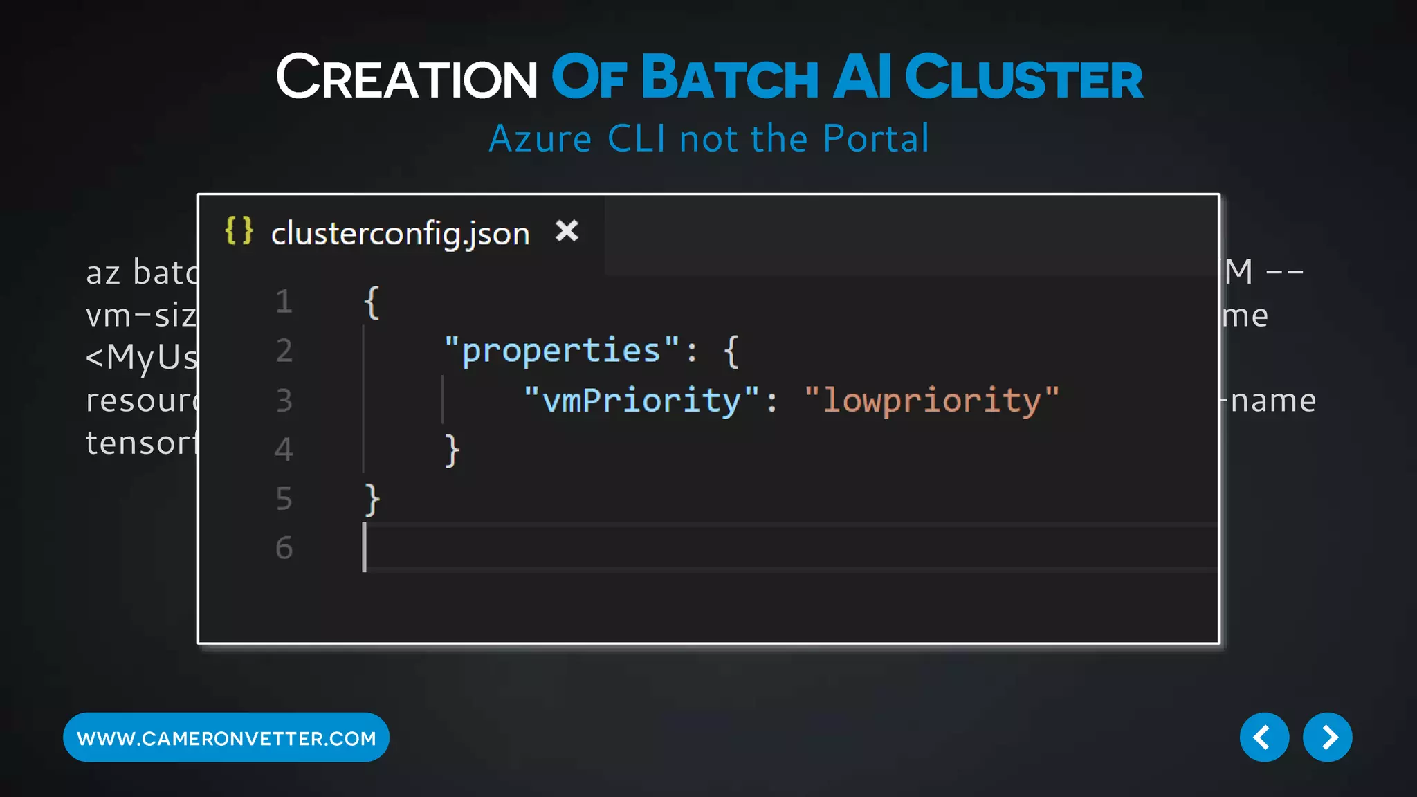 az batchai cluster create --name neuralnetwork --image UbuntuDSVM --
vm-size Standrd_NC6 --min 0 --max 1 --afs-name data --user-name
<MyUsername> --password <MyPassword> -c clusterconfig.json --
resource-group tensorflow2 --location westus2 --storage-account-name
tensorflowdata --storage-account-key <MyStorageAccountKey>
Azure CLI not the Portal
 
