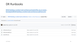 DR Runbooks
46
MCW-Building-a-resilient-IaaS-architecture/studentfiles.zip at master ·
benstegink/MCW-Building-a-resilient-IaaS-architecture (github.com)
3/17/2023
 