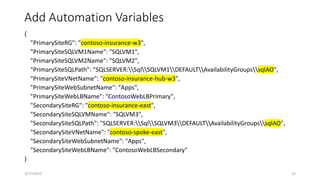 Add Automation Variables
{
"PrimarySiteRG": "contoso-insurance-w3",
"PrimarySiteSQLVM1Name": "SQLVM1",
"PrimarySiteSQLVM2Name": "SQLVM2",
"PrimarySiteSQLPath": "SQLSERVER:SqlSQLVM1DEFAULTAvailabilityGroupssqlAO",
"PrimarySiteVNetName": "contoso-insurance-hub-w3",
"PrimarySiteWebSubnetName": "Apps",
"PrimarySiteWebLBName": "ContosoWebLBPrimary",
"SecondarySiteRG": "contoso-insurance-east",
"SecondarySiteSQLVMName": "SQLVM3",
"SecondarySiteSQLPath": "SQLSERVER:SqlSQLVM3DEFAULTAvailabilityGroupssqlAO",
"SecondarySiteVNetName": "contoso-spoke-east",
"SecondarySiteWebSubnetName": "Apps",
"SecondarySiteWebLBName": "ContosoWebLBSecondary"
}
53
3/17/2023
 