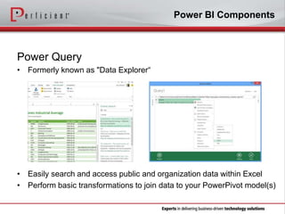 Power BI Components
Power Query
• Formerly known as "Data Explorer“
• Easily search and access public and organization dat...