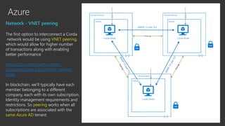 Azure
Network - VNET peering
The first option to interconnect a Corda
network would be using VNET peering,
which would allow for higher number
of transactions along with enabling
better performance
https://docs.microsoft.com/en-
us/azure/azure-subscription-service-
limits
In blockchain, we’ll typically have each
member belonging to a different
company, each with its own subscription,
Identity management requirements and
restrictions. So peering works when all
subscriptions are associated with the
same Azure AD tenant.
 