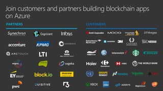 Join customers and partners building blockchain apps
on Azure
PARTNERS CUSTOMERS
 