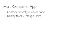 Multi-Container App
 Containers locally in visual studio
 Deploy to AKS through Helm
 