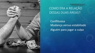 COMO ERA A RELAÇÃO
DESSAS DUAS ÁREAS?
Conflituosa
Mudança versus estabiliade
Alguém para jogar a culpa
 