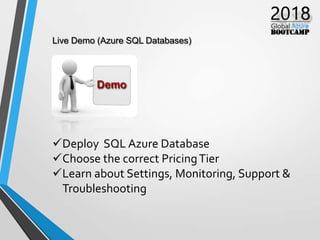 Live Demo (Azure SQL Databases)
Deploy SQL Azure Database
Choose the correct PricingTier
Learn about Settings, Monitoring, Support &
Troubleshooting
 
