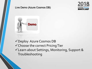 Live Demo (Azure Cosmos DB)
Deploy Azure Cosmos DB
Choose the correct PricingTier
Learn about Settings, Monitoring, Support &
Troubleshooting
 