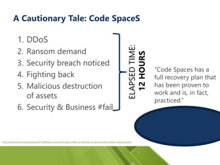 A Cautionary Tale: Code SpaceS
1. DDoS
2. Ransom demand
3. Security breach noticed
4. Fighting back
5. Malicious destructi...