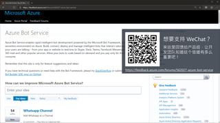 想要支持 WeChat？
来这里回馈给产品组，让开
发团队知道这个信道有多么
重要吧！
https://feedback.azure.com/forums/562027-azure-bot-service
 
