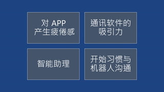 对 APP
产生疲倦感
通讯软件的
吸引力
智能助理
开始习惯与
机器人沟通
 