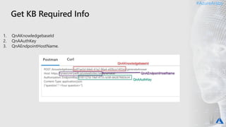 #AzureAraby#AzureAraby
1. QnAKnowledgebaseId
2. QnAAuthKey
3. QnAEndpointHostName.
 