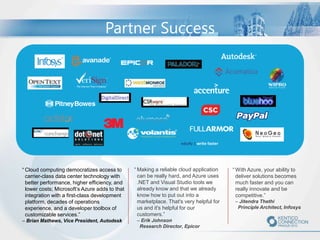 Partner Success

eduify | write faster

“ Cloud computing democratizes access to
carrier-class data center technology with
better performance, higher efficiency, and
lower costs; Microsoft’s Azure adds to that
integration with a first-class development
platform, decades of operations
experience, and a developer toolbox of
customizable services.”
– Brian Mathews, Vice President, Autodesk

“ Making a reliable cloud application
can be really hard, and Azure uses
.NET and Visual Studio tools we
already know and that we already
know how to put out into a
marketplace. That's very helpful for
us and it's helpful for our
customers.”
– Erik Johnson
Research Director, Epicor

“ With Azure, your ability to
deliver solutions becomes
much faster and you can
really innovate and be
competitive.”
– Jitendra Thethi
Principle Architect, Infosys

 