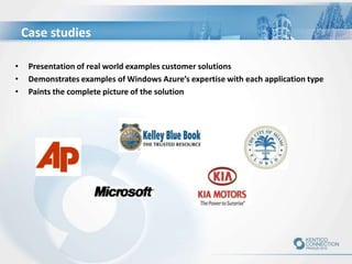 Case studies
•
•
•

Presentation of real world examples customer solutions
Demonstrates examples of Windows Azure’s expertise with each application type
Paints the complete picture of the solution

 