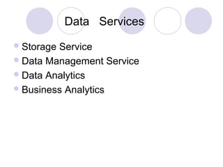 Data Services
Storage Service
Data Management Service
Data Analytics
Business Analytics
 