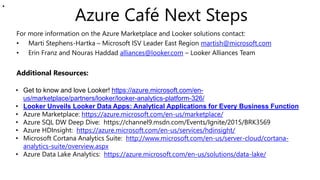 Azure Café Next Steps
For more information on the Azure Marketplace and Looker solutions contact:
• Marti Stephens-Hartka – Microsoft ISV Leader East Region martish@microsoft.com
• Erin Franz and Nouras Haddad alliances@looker.com – Looker Alliances Team
Additional Resources:
• Get to know and love Looker! https://azure.microsoft.com/en-
us/marketplace/partners/looker/looker-analytics-platform-326/
• Looker Unveils Looker Data Apps: Analytical Applications for Every Business Function
• Azure Marketplace: https://azure.microsoft.com/en-us/marketplace/
• Azure SQL DW Deep Dive: https://channel9.msdn.com/Events/Ignite/2015/BRK3569
• Azure HDInsight: https://azure.microsoft.com/en-us/services/hdinsight/
• Microsoft Cortana Analytics Suite: http://www.microsoft.com/en-us/server-cloud/cortana-
analytics-suite/overview.aspx
• Azure Data Lake Analytics: https://azure.microsoft.com/en-us/solutions/data-lake/
•
 
