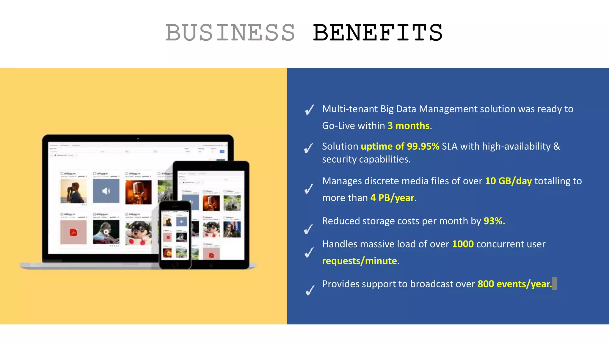 Multi-tenant Big Data Management solution was ready to
Go-Live within 3 months.
Solution uptime of 99.95% SLA with high-availability &
security capabilities.
Manages discrete media files of over 10 GB/day totalling to
more than 4 PB/year.
Reduced storage costs per month by 93%.
Handles massive load of over 1000 concurrent user
requests/minute.
Provides support to broadcast over 800 events/year.
BUSINESS BENEFITS
 