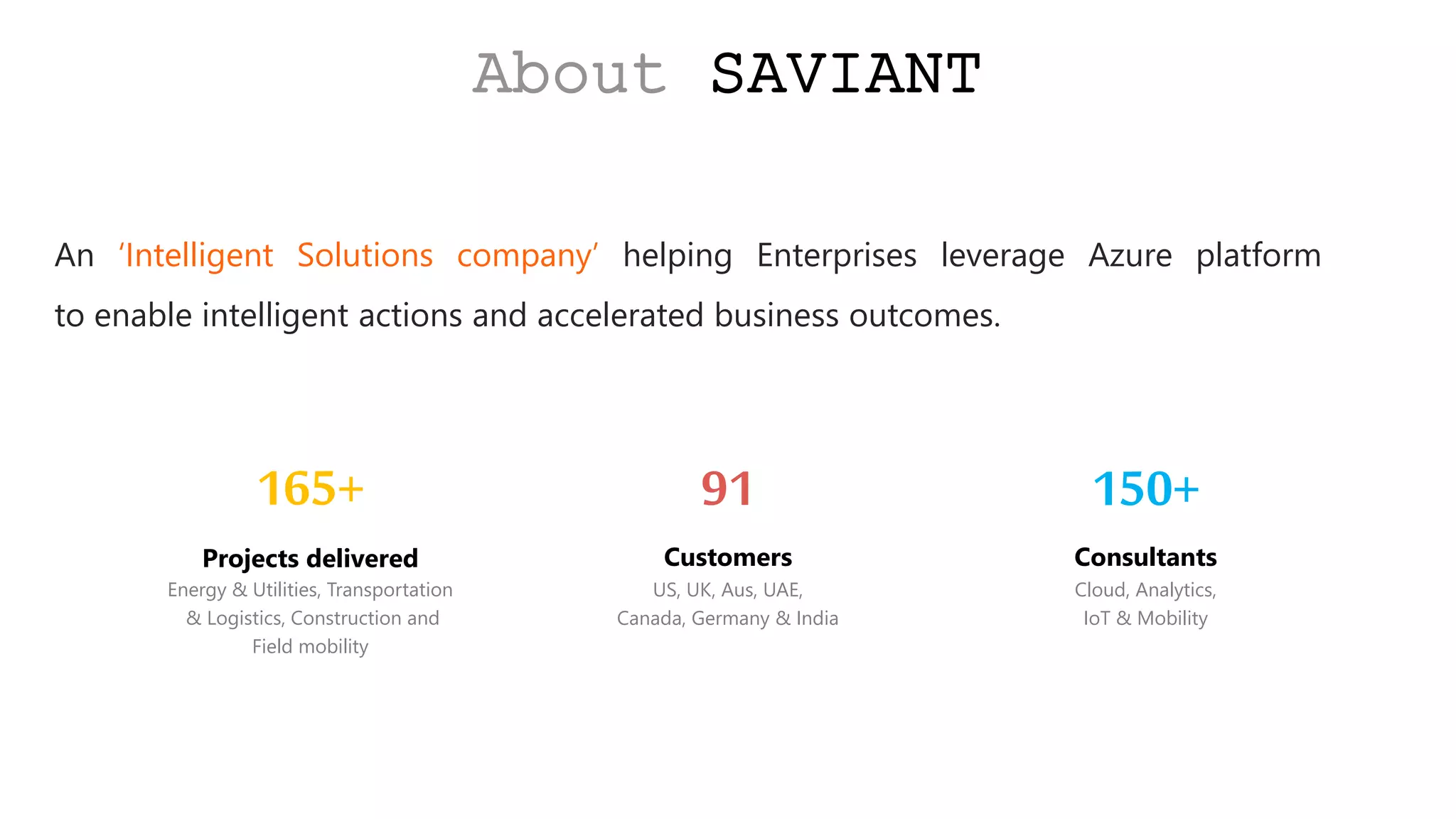 An ‘Intelligent Solutions company’ helping Enterprises leverage Azure platform
to enable intelligent actions and accelerated business outcomes.
About SAVIANT
150+
Consultants
Cloud, Analytics,
IoT & Mobility
91
Customers
US, UK, Aus, UAE,
Canada, Germany & India
Projects delivered
Energy & Utilities, Transportation
& Logistics, Construction and
Field mobility
165+
 