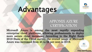 Advantages
Microsoft Azure is among the most rapidly expanding
enterprise cloud platforms, allowing professionals to deploy
more secure cloud instances. According to the Right Scale
2019 State of the Cloud survey, the overall usage of Microsoft
Azure was increased from 45 to 52 per cent in 2019.
www.apponix.com