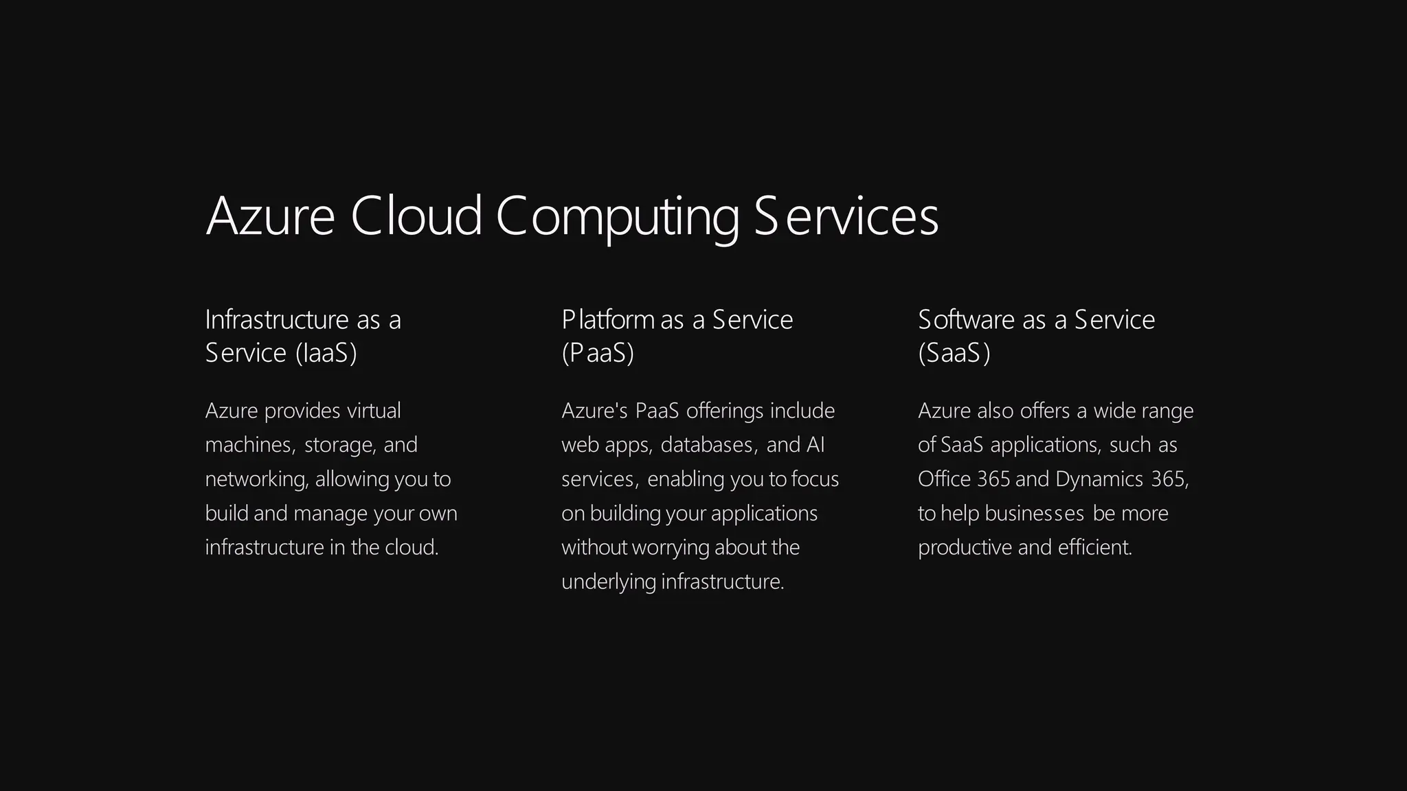 Azure Cloud Computing Services
Infrastructure as a
Service (IaaS)
Azure provides virtual
machines, storage, and
networking, allowing you to
build and manage your own
infrastructure in the cloud.
Platform as a Service
(PaaS)
Azure's PaaS offerings include
web apps, databases, and AI
services, enabling you to focus
on building your applications
without worrying about the
underlying infrastructure.
Software as a Service
(SaaS)
Azure also offers a wide range
of SaaS applications, such as
Office 365 and Dynamics 365,
to help businesses be more
productive and efficient.
 