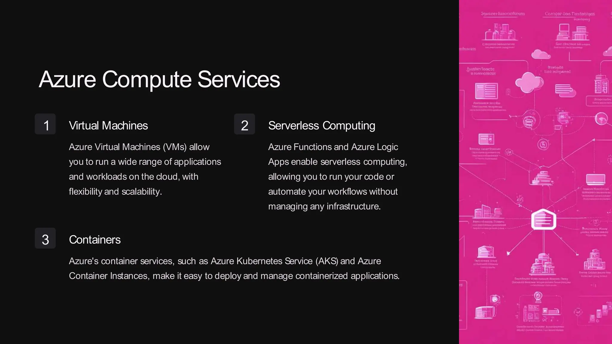 Azure Compute Services
1 Virtual Machines
Azure Virtual Machines (VMs) allow
you to run a wide range of applications
and workloads on the cloud, with
flexibility and scalability.
2 Serverless Computing
Azure Functions and Azure Logic
Apps enable serverless computing,
allowing you to run your code or
automate your workflows without
managing any infrastructure.
3 Containers
Azure's container services, such as Azure Kubernetes Service (AKS) and Azure
Container Instances, make it easy to deploy and manage containerized applications.
 