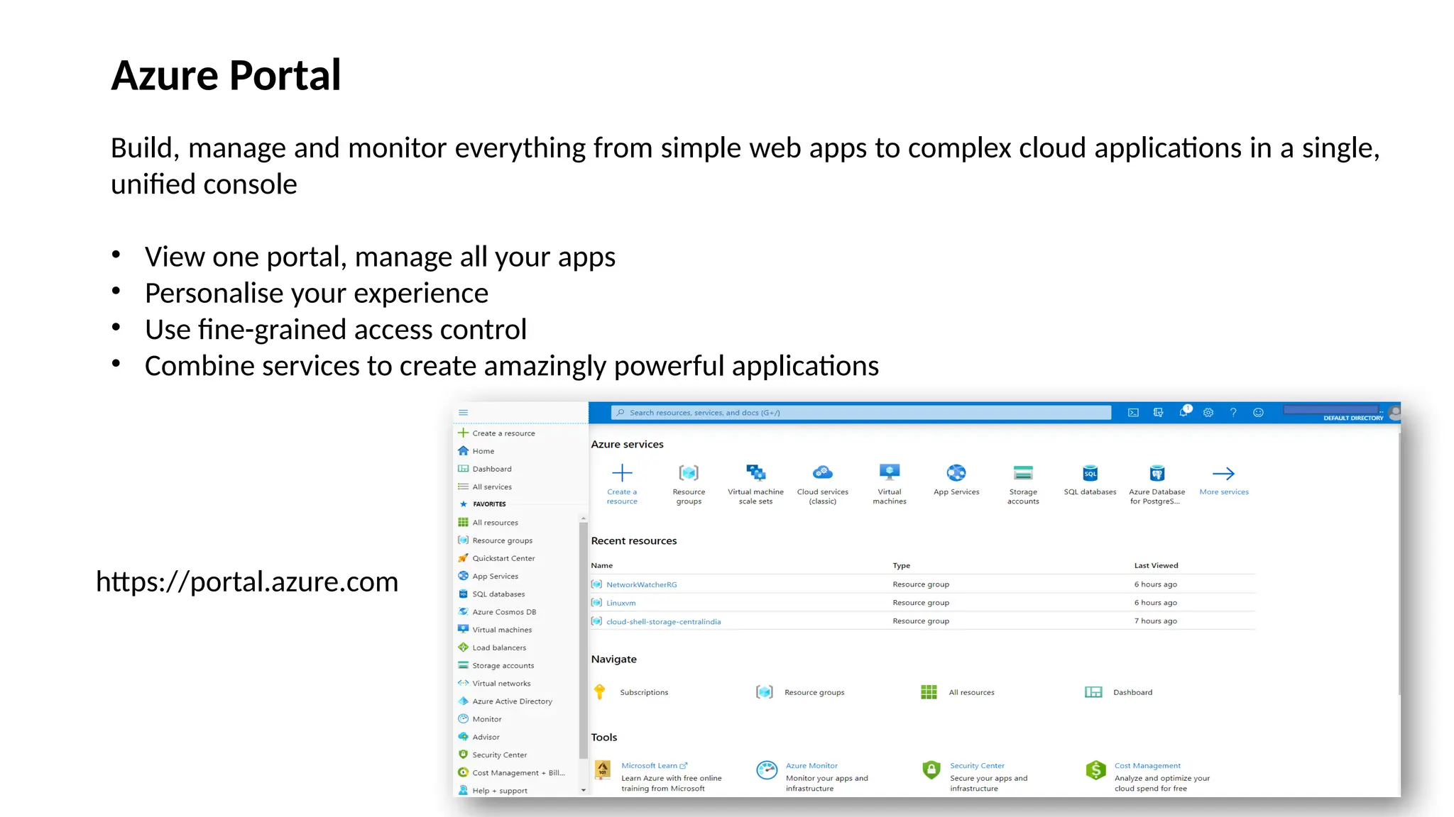 Azure Portal
Build, manage and monitor everything from simple web apps to complex cloud applications in a single,
unified console
• View one portal, manage all your apps
• Personalise your experience
• Use fine-grained access control
• Combine services to create amazingly powerful applications
https://portal.azure.com
 