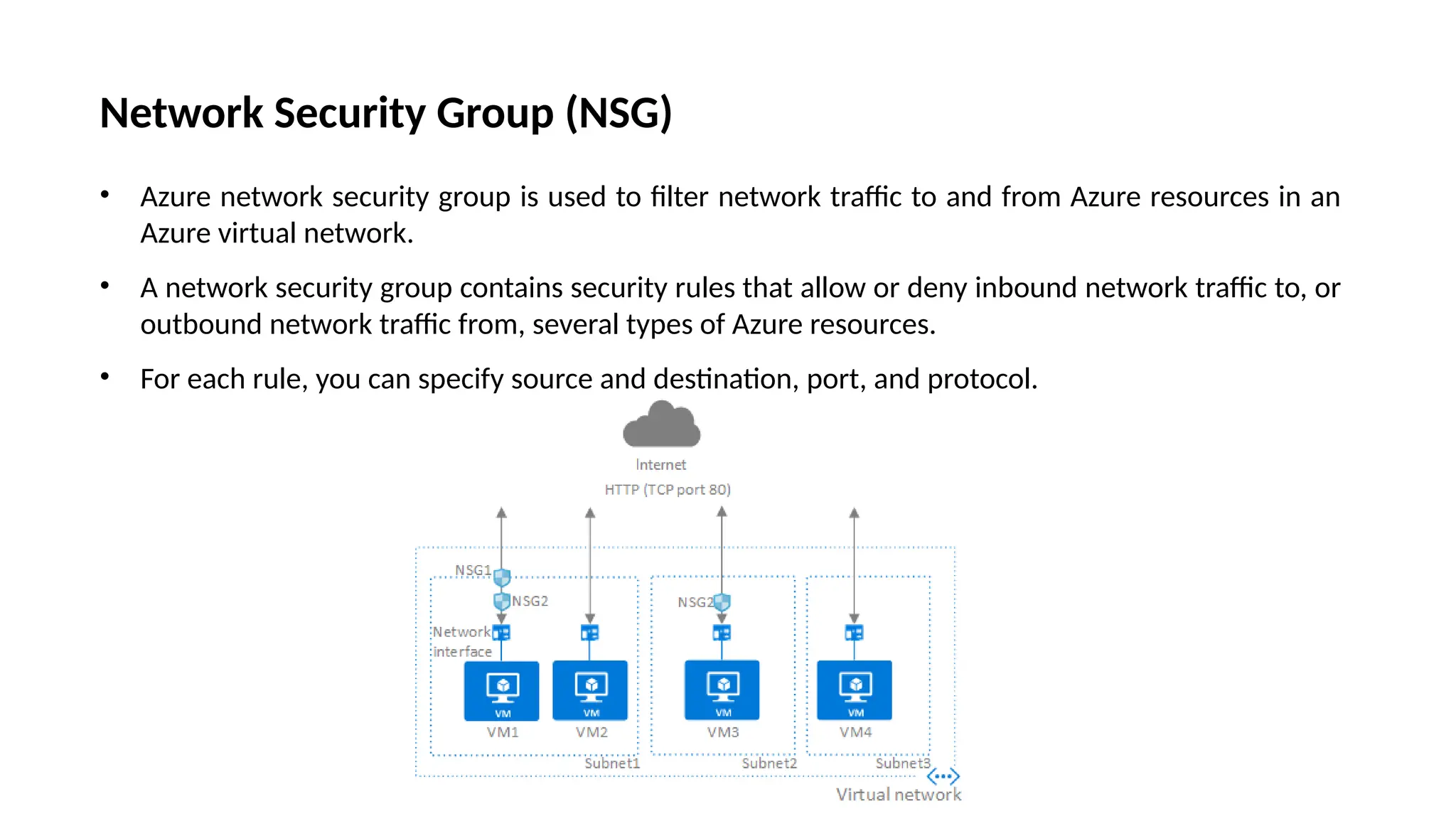 Network Security Group (NSG)
• Azure network security group is used to filter network traffic to and from Azure resources in an
Azure virtual network.
• A network security group contains security rules that allow or deny inbound network traffic to, or
outbound network traffic from, several types of Azure resources.
• For each rule, you can specify source and destination, port, and protocol.
 