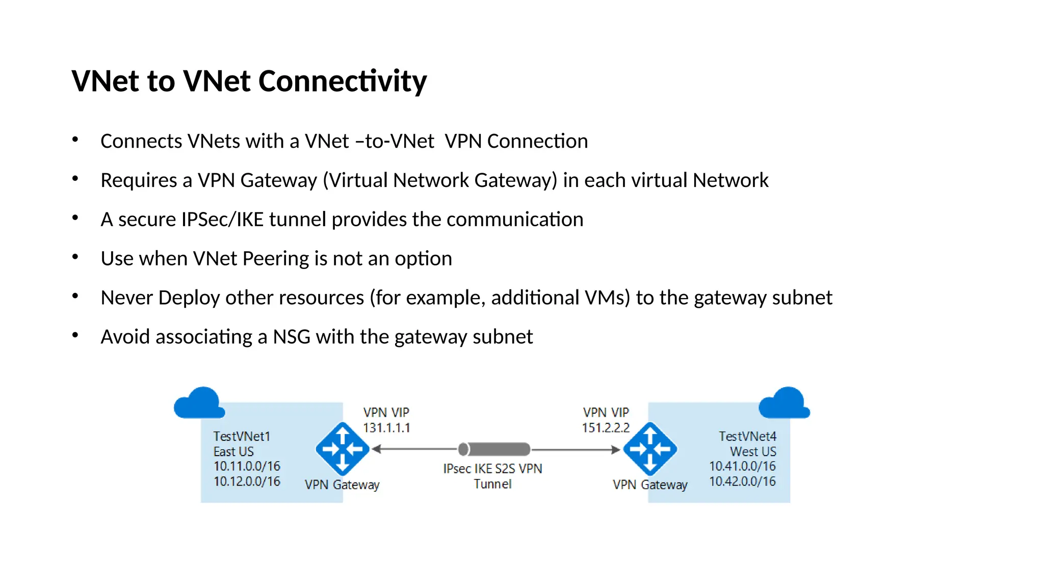 VNet to VNet Connectivity
• Connects VNets with a VNet –to-VNet VPN Connection
• Requires a VPN Gateway (Virtual Network Gateway) in each virtual Network
• A secure IPSec/IKE tunnel provides the communication
• Use when VNet Peering is not an option
• Never Deploy other resources (for example, additional VMs) to the gateway subnet
• Avoid associating a NSG with the gateway subnet
 