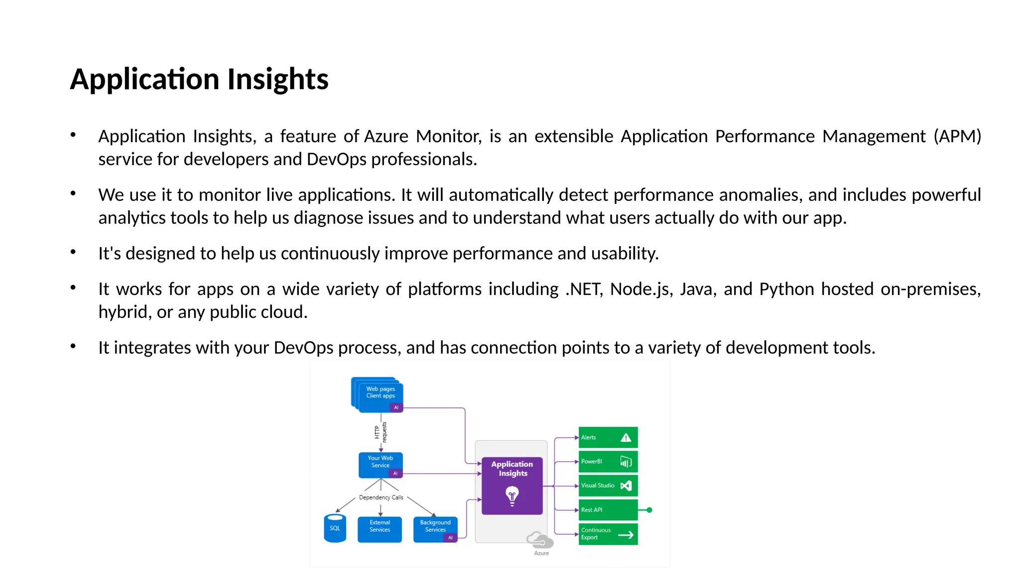 Application Insights
• Application Insights, a feature of Azure Monitor, is an extensible Application Performance Management (APM)
service for developers and DevOps professionals.
• We use it to monitor live applications. It will automatically detect performance anomalies, and includes powerful
analytics tools to help us diagnose issues and to understand what users actually do with our app.
• It's designed to help us continuously improve performance and usability.
• It works for apps on a wide variety of platforms including .NET, Node.js, Java, and Python hosted on-premises,
hybrid, or any public cloud.
• It integrates with your DevOps process, and has connection points to a variety of development tools.
 