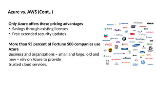 Only Azure offers these pricing advantages
• Savings through existing licenses
• Free extended security updates
More than 95 percent of Fortune 500 companies use
Azure
Business and organizations – small and large, old and
new – rely on Azure to provide
trusted cloud services.
Azure vs. AWS (Cont..)
 
