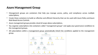 Azure Management Group
• Management groups are containers that help you manage access, policy, and compliance across multiple
subscriptions.
• Create these containers to build an effective and efficient hierarchy that can be used with Azure Policy and Azure
Role Based Access Controls.
• Azure management groups provide a level of scope above subscriptions.
• You organize subscriptions into containers called "management groups" and apply your governance conditions to
the management groups.
• All subscriptions within a management group automatically inherit the conditions applied to the management
group.
 