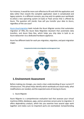 For instance, it would be more cost-effective to lift and shift the application and
data rather than rework the complete application stack in complicated and
legacy systems. In a different scenario, you may wish to update your workloads
to utilize a new operating system (in IaaS) or PaaS service that is offered by
Azure. The question still stands: how will you transfer your data to Azure,
regardless of the use case?
Azure cloud migration tools include the Azure Migrate service that automates
migration of VMs, the Azure Data Migration Assistant that automates data
transfers, and Azure Data Box, which helps you ship data in bulk to an
Azure datacenter via a dedicated hardware appliance.
Azure has different tools for each pre-migration, migration, and post-migration
stages.
1.Environment Assessment
Before making any changes, you need a clear understanding of your current IT
infrastructure. This phase helps identify which workloads are cloud-ready, what
modifications are needed, and the expected costs of moving to Azure.
1. Azure Migrate
Azure Migrate is a comprehensive evaluation tool that assesses your virtual
machines (VMs), databases, apps, and on-premises servers prior to migration. It
offers dependency analysis, which lets you examine how several apps work
together and makes sure no important parts are overlooked. Comprehending
 